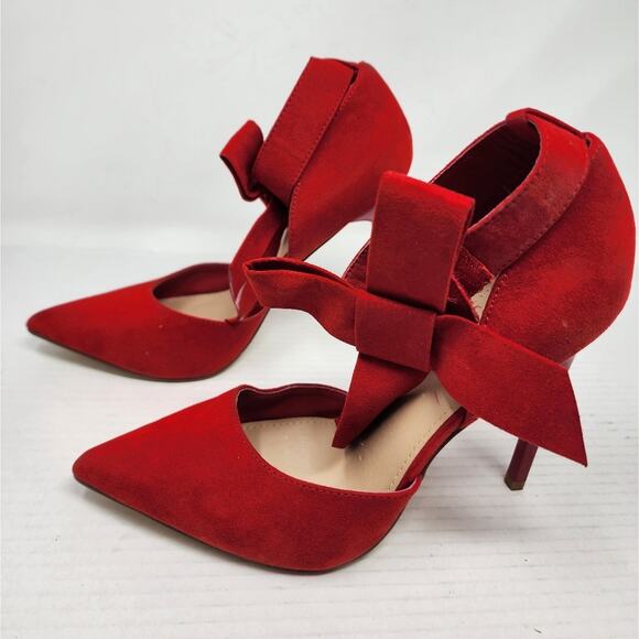 Just Fab Red Bow Stilettos Heels Ankle Strap Pointed Toe Heels Women's Size 9 - Picture 4 of 13